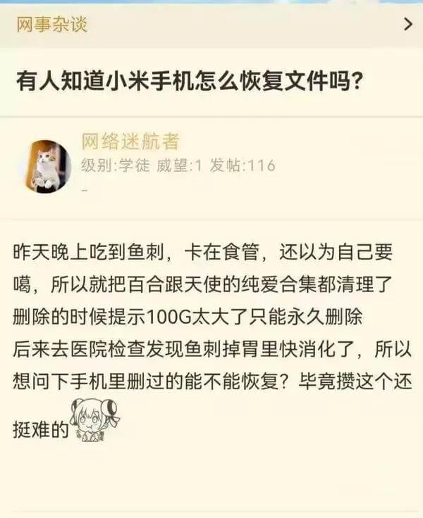 网事杂谈有人知道小米手机怎么恢复文件吗？网络迷航者级别：学徒