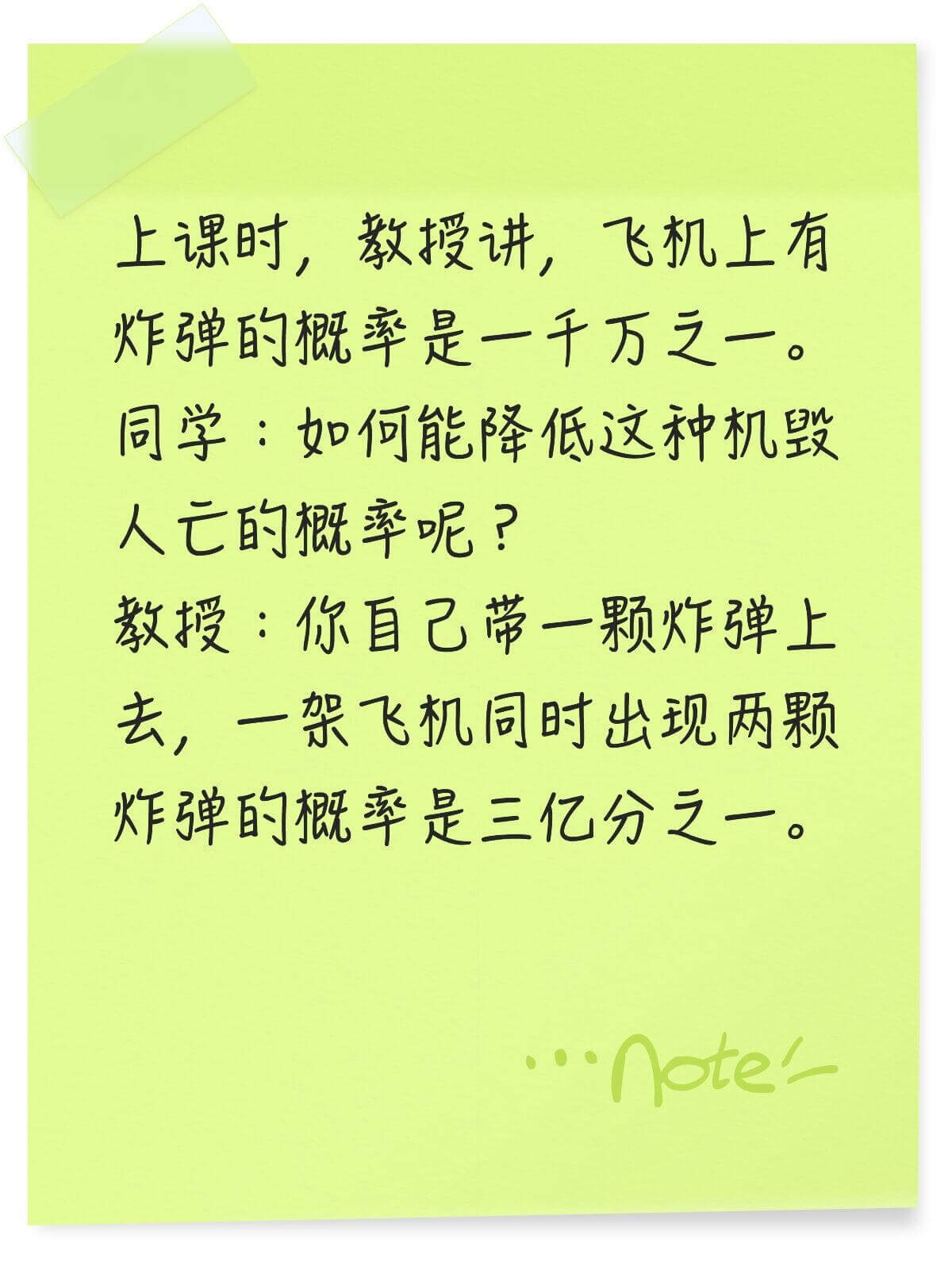 上课时，教授讲，飞机上有炸弹的概率是一千万之一。同学：如何能