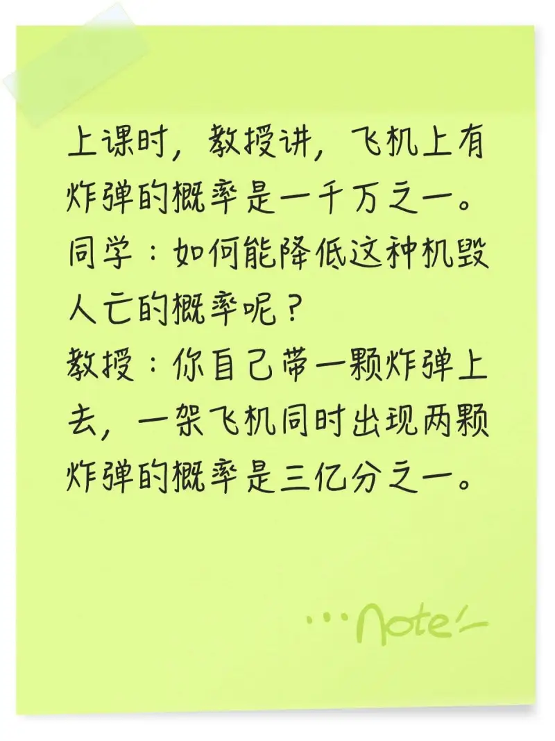 上课时，教授讲，飞机上有炸弹的概率是一千万之一。同学：如何能