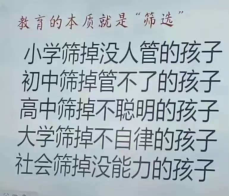 教育的本质就是“筛选”。小学筛掉没人管的孩子，初中筛掉管不了
