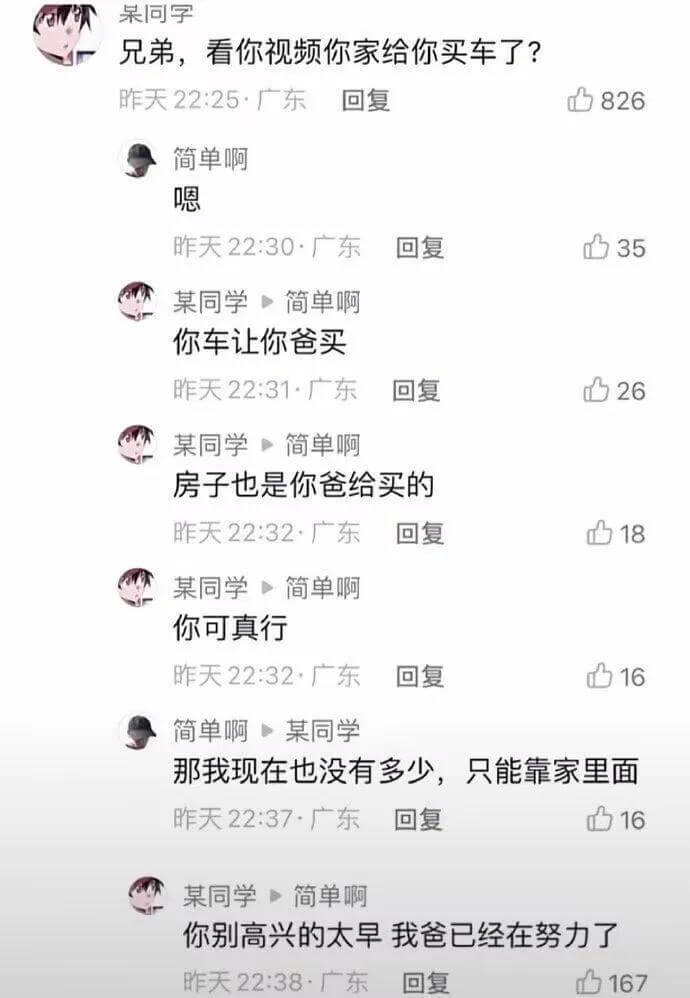 呆同字兄弟，看你视频你家给你买车了？昨天22:25·广东回复