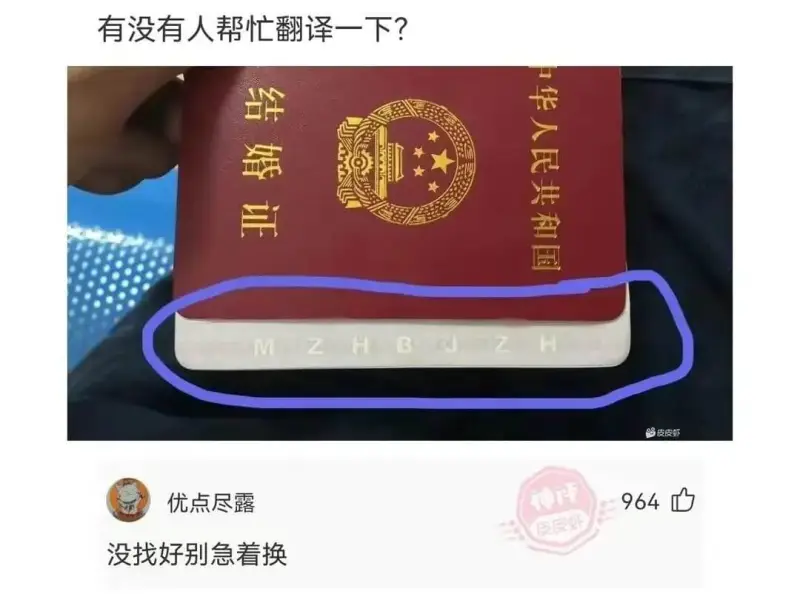 有没有人帮忙翻译一下?中华人民共和国结婚证ZHMZHBJH皮