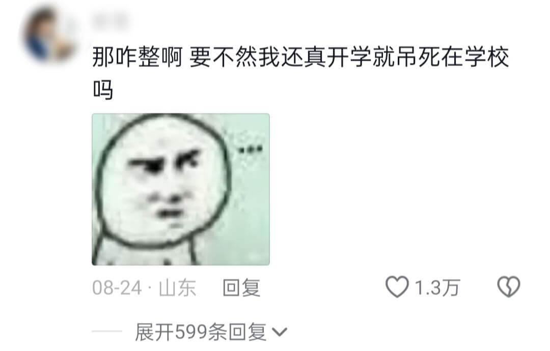 那咋整啊要不然我还真开学就吊死在学校吗08-24·山东回复展