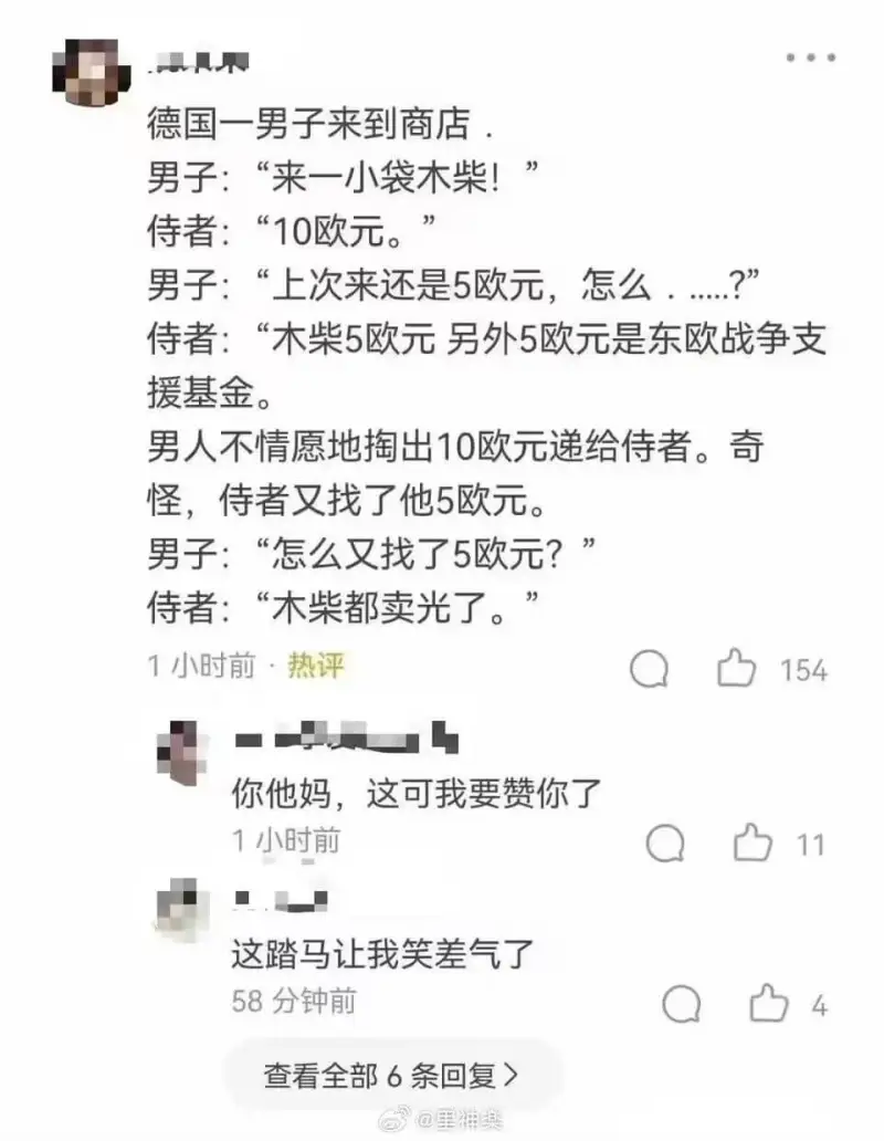 德国一男子来到商店。男子：“来一小袋木柴！”侍者：“10欧元