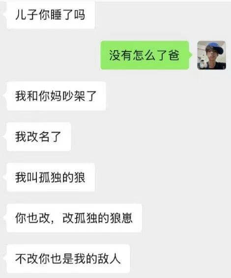 儿子，你睡了吗？没有，怎么了，爸？我和你妈吵架了。我改名了，