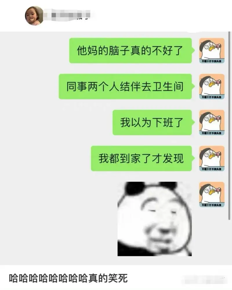 他妈的，脑子真的不好了。不瘦十斤不换头像。同事两个人结伴去卫