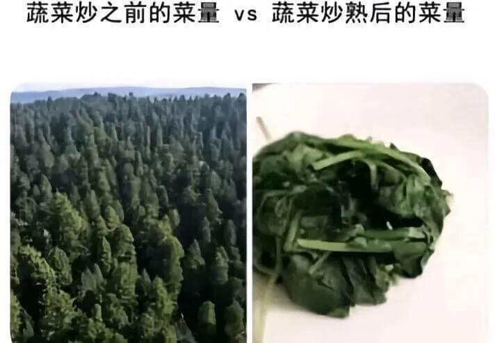 蔬菜炒之前的菜量vs蔬菜炒熟后的菜量