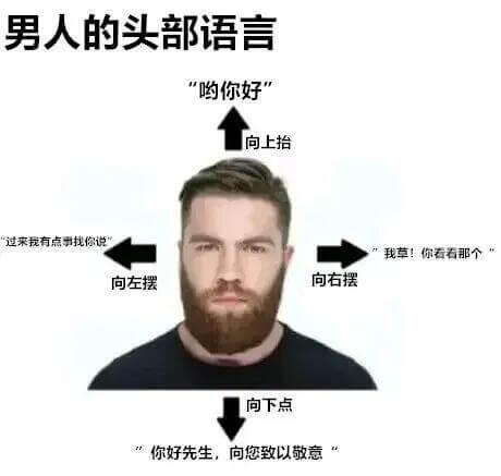 男人的头部语言“哟，你好！”向上招：过来，我有点事情找你说。