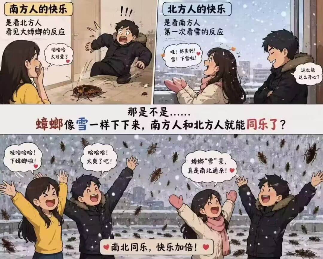 南方人的快乐是看北方人第一次看雪的反应：“哇！好美啊！”“雪