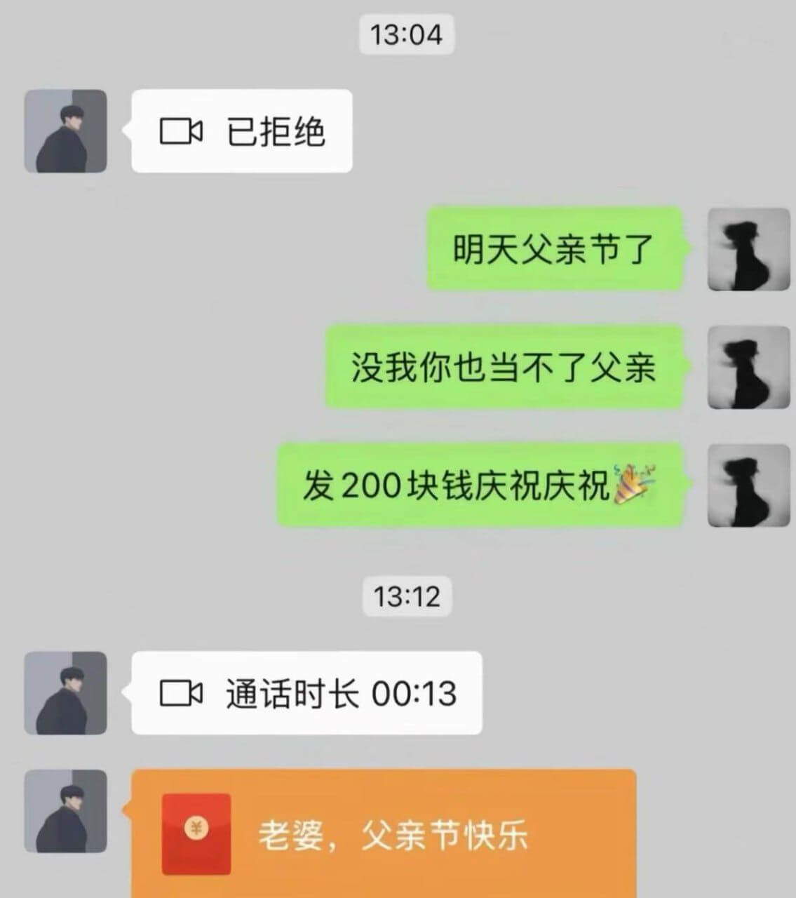 13:04已拒绝明天父亲节了没我你也当不了父亲发200块钱庆