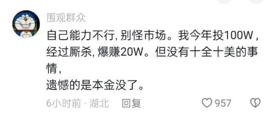 围观群众自己能力不行，别怪市场。我今年投100W，经过厮杀，