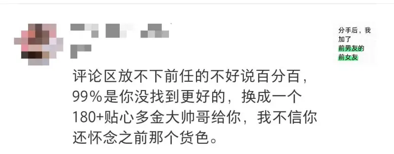 评论区放不下前任的不好说百分百，99%是你没找到更好的，换成
