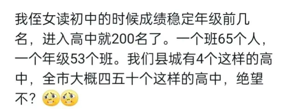 我侄女读初中的时候成绩稳定年级前几名，进入高中就200名了。