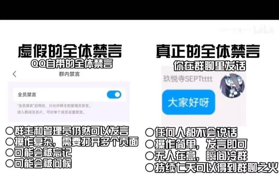 虚假的全体禁言真正的全体禁言QQ自带的全体禁言你在群聊里发话