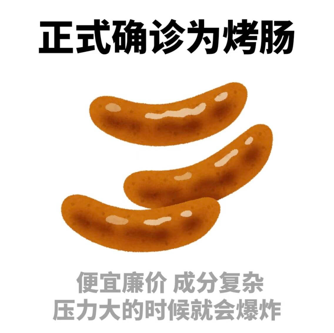 正式确诊为烤肠,便宜廉价,成分复杂。压力大的时候就会爆炸。