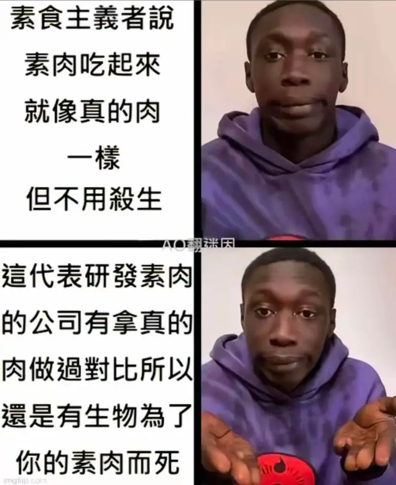 素食主義者説素肉吃起來就像真的肉一樣但不用犧牲動物迷因這代表
