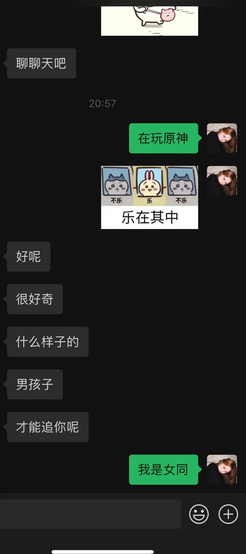 聊聊天吧20:57在玩原神不乐十不乐乐在其中好呢很好奇什么样