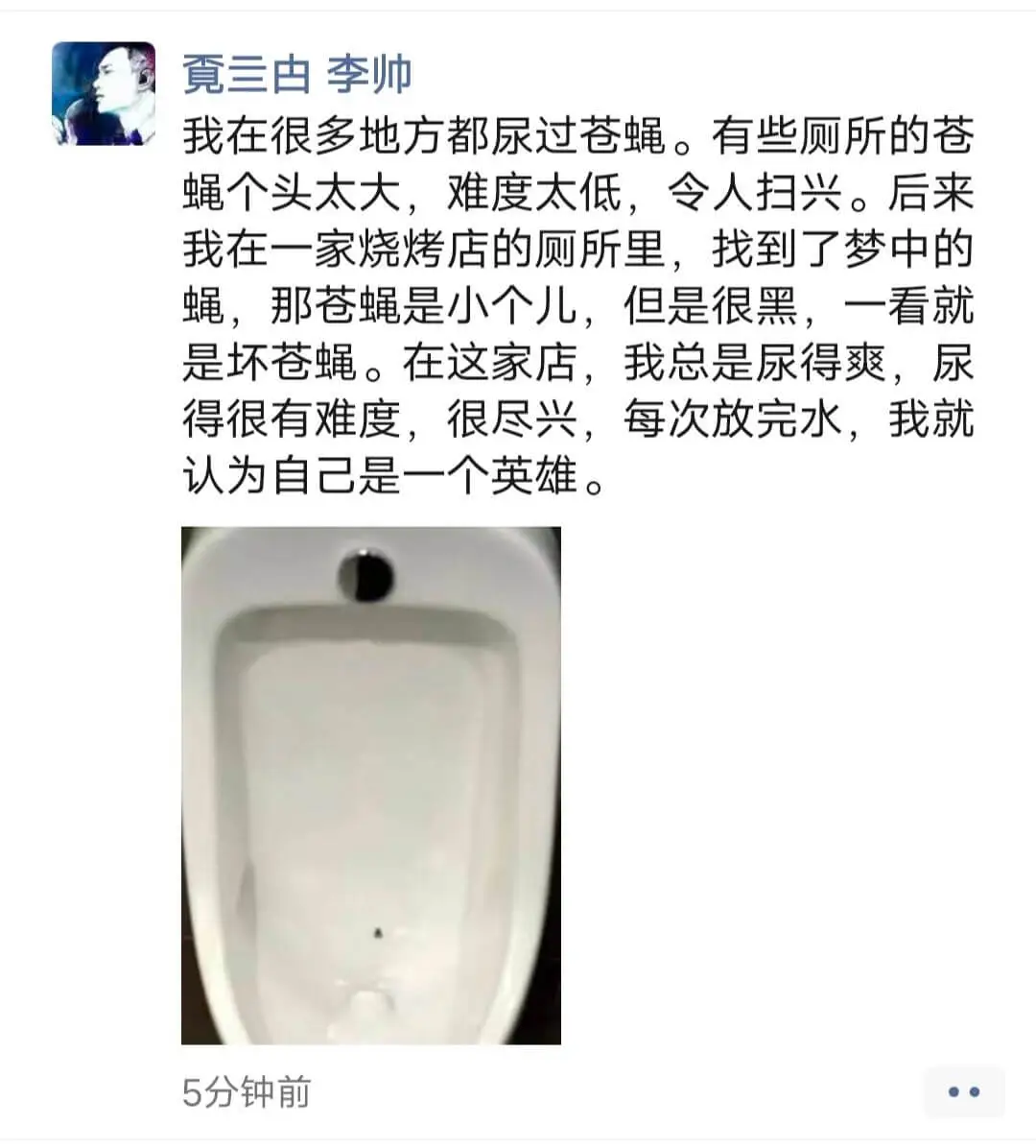 三李帅我在很多地方都尿过苍蝇。有些厕所的苍蝇个头太大,难度太