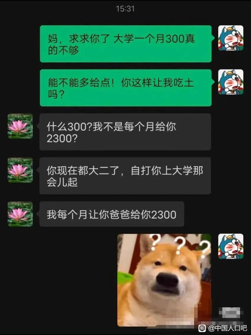 1531妈，求求你了，大学一个月300真的不够能不能多给点！